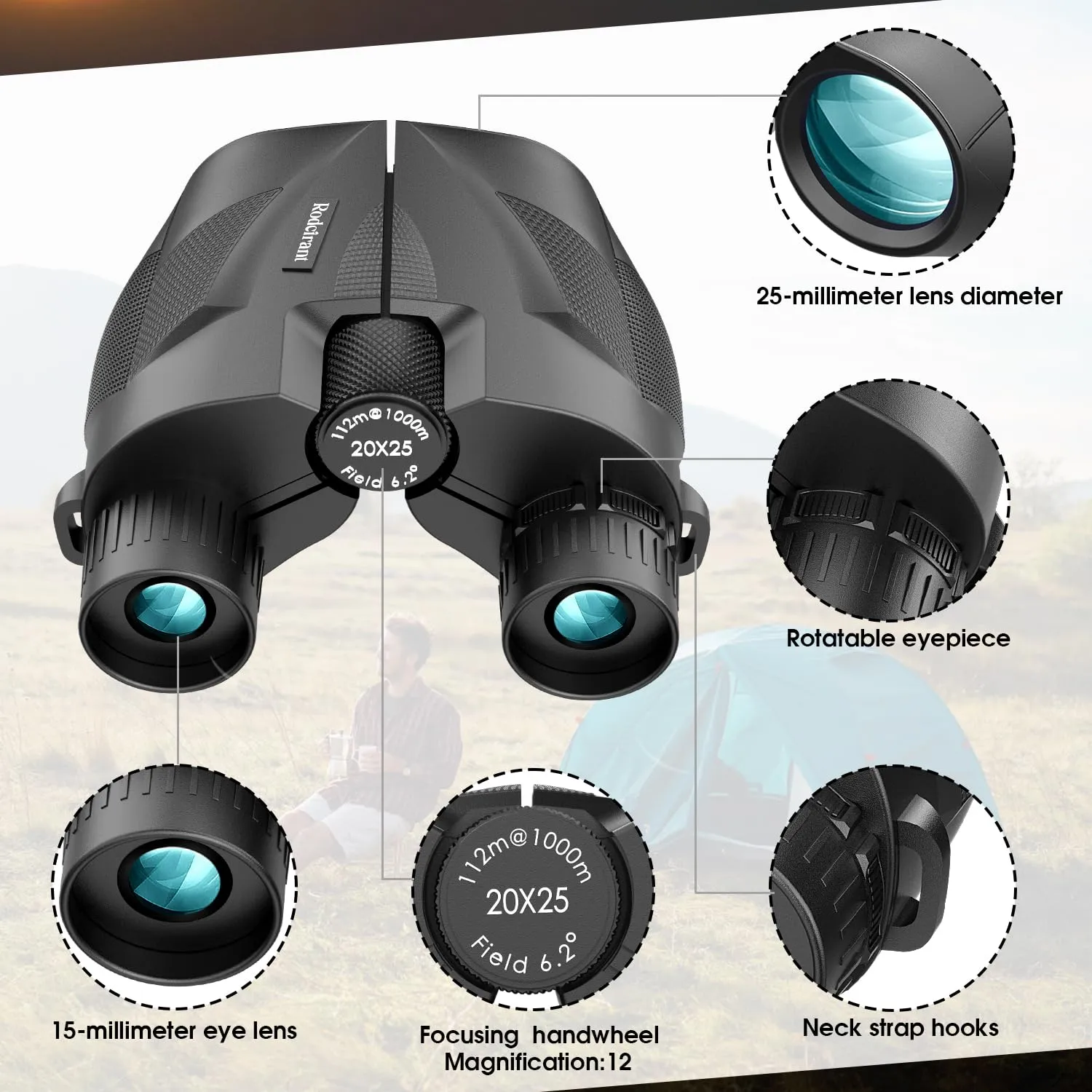 20x25 Compact Binoculars for Adults and Kids,High Powered Large Eyepiece Waterproof Binoculars for Hunters,Easy Focus Bird Watching for Outdoor Hiking Travel, Black