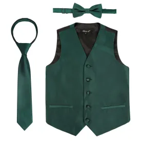 Boy's Classic Solid Bow Tie, Necktie and Suit Vest Set, 078-Dark Green