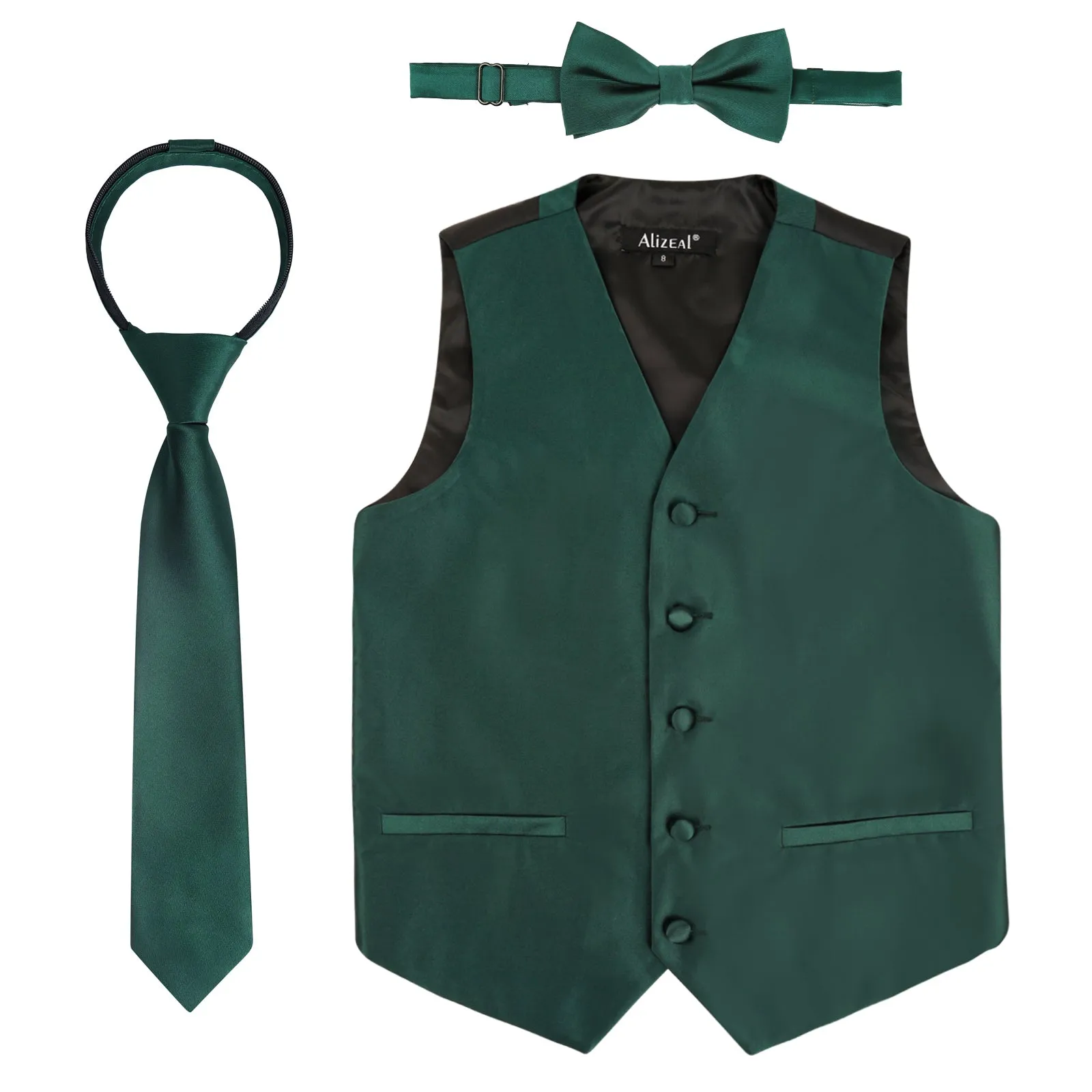 Boy's Classic Solid Bow Tie, Necktie and Suit Vest Set, 078-Dark Green