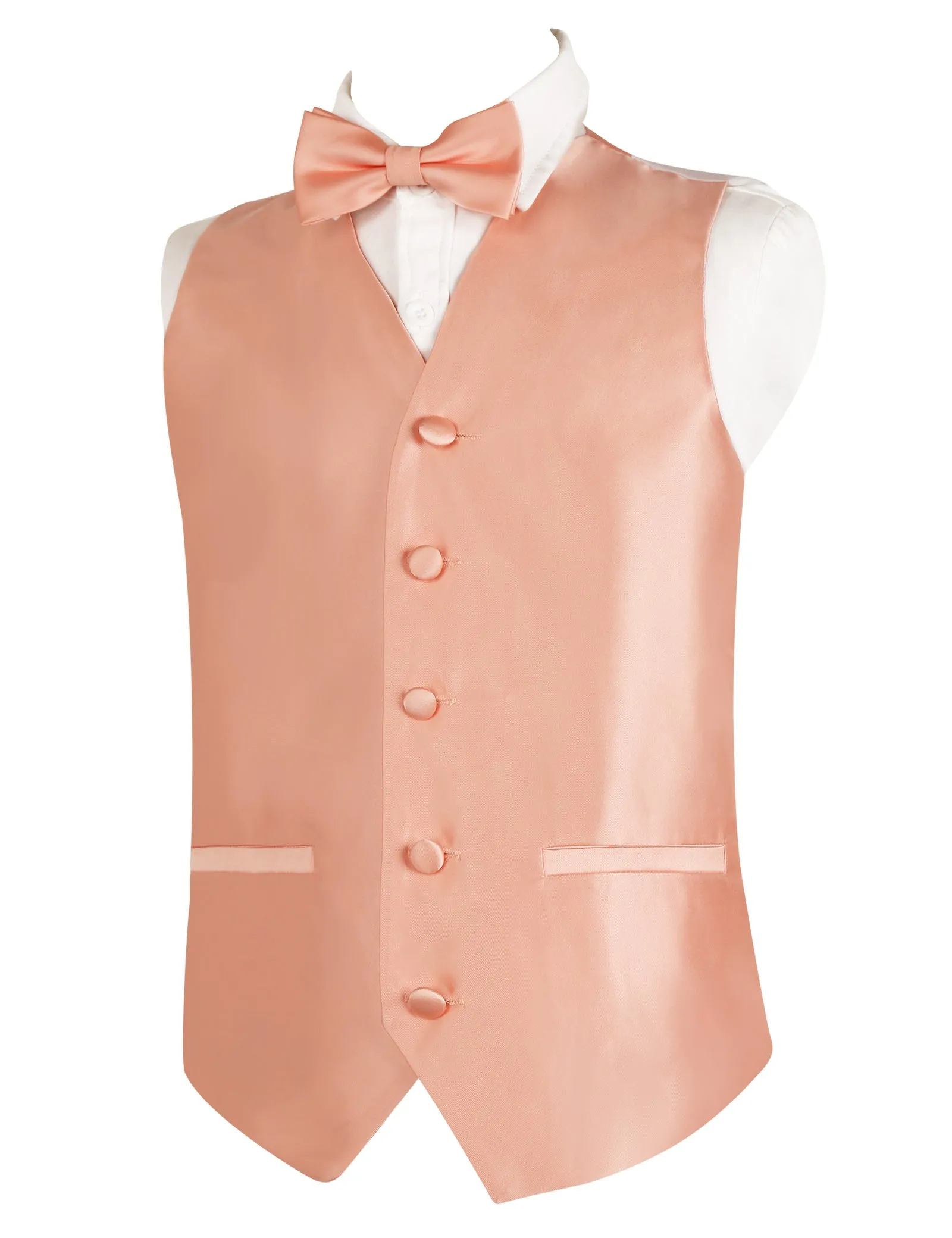 Boy's Classic Solid Bow Tie, Necktie and Suit Vest Set, 078-Peach