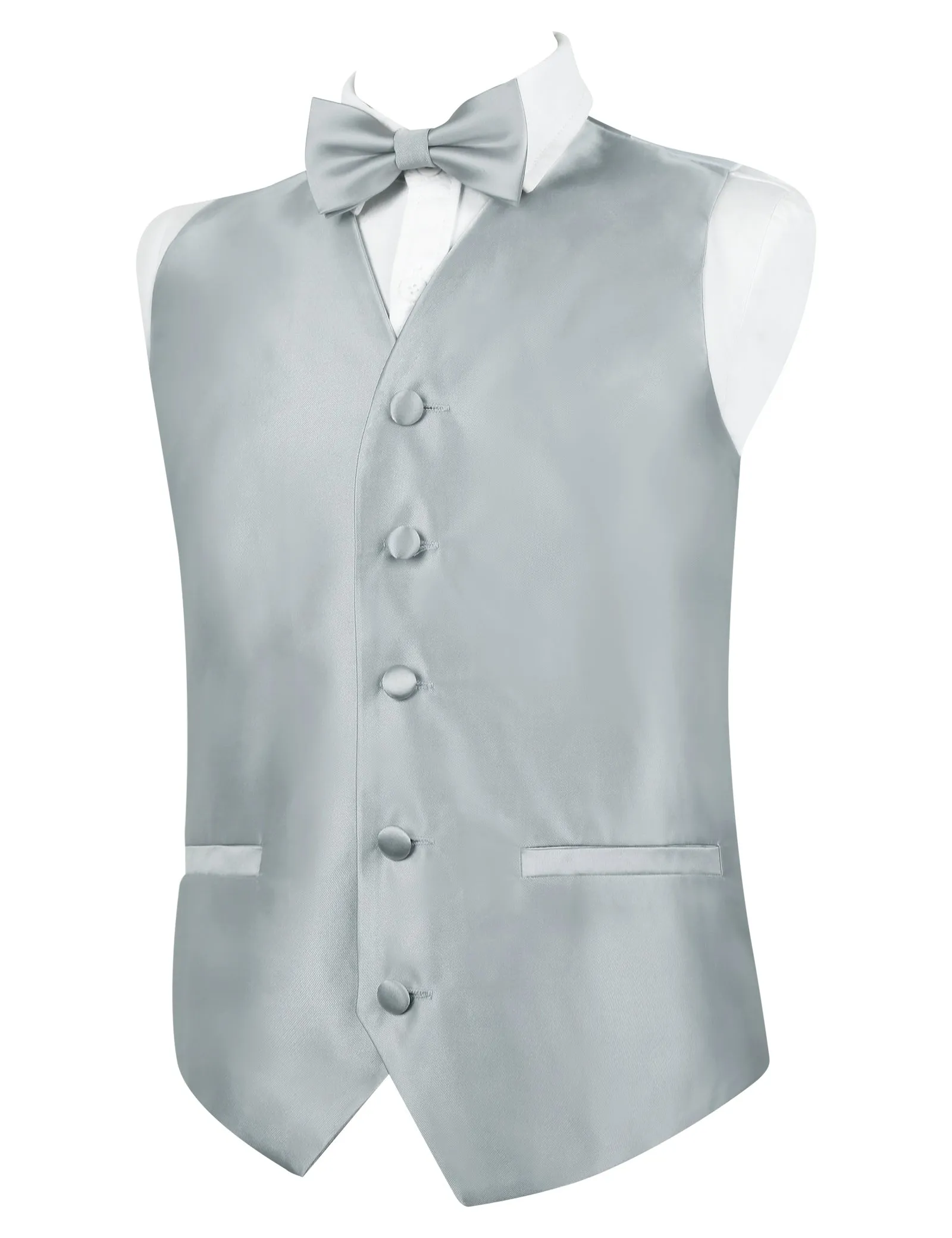 Boy's Classic Solid Bow Tie, Necktie and Suit Vest Set, 078-Silver