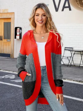 Contrasting Casual Mid-length Hooded Knitted Cardigan Sweater