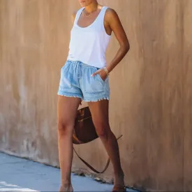 Fashion Fringed Elastic Loose Denim Shorts