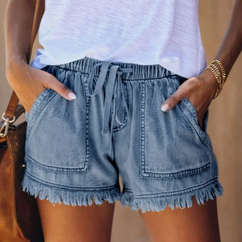 Fashion Fringed Elastic Loose Denim Shorts