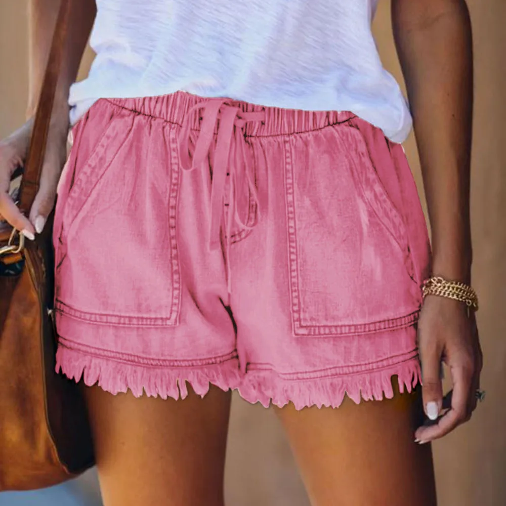 Fashion Fringed Elastic Loose Denim Shorts
