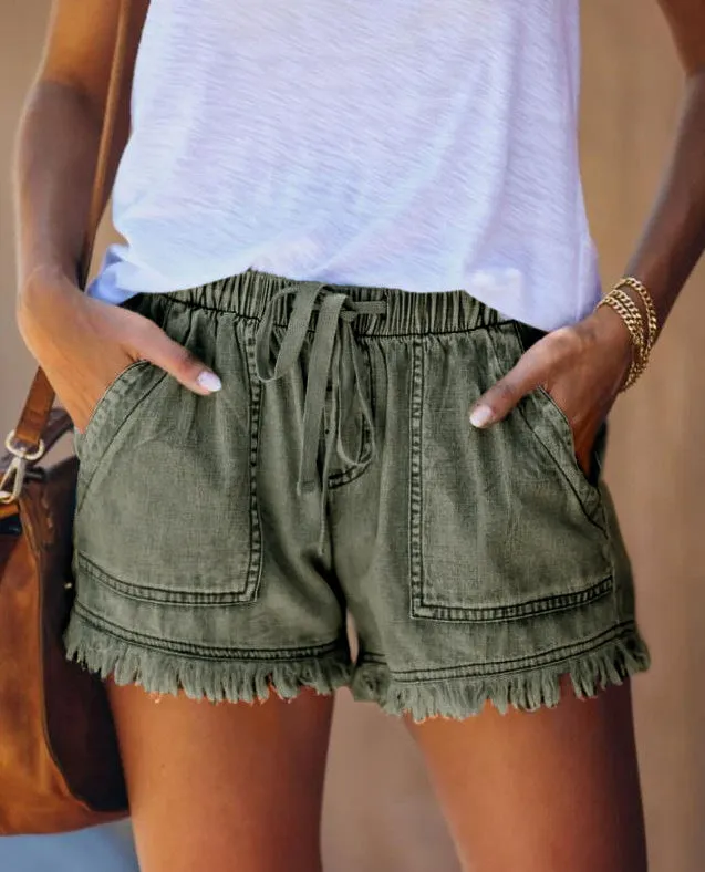 Fashion Fringed Elastic Loose Denim Shorts