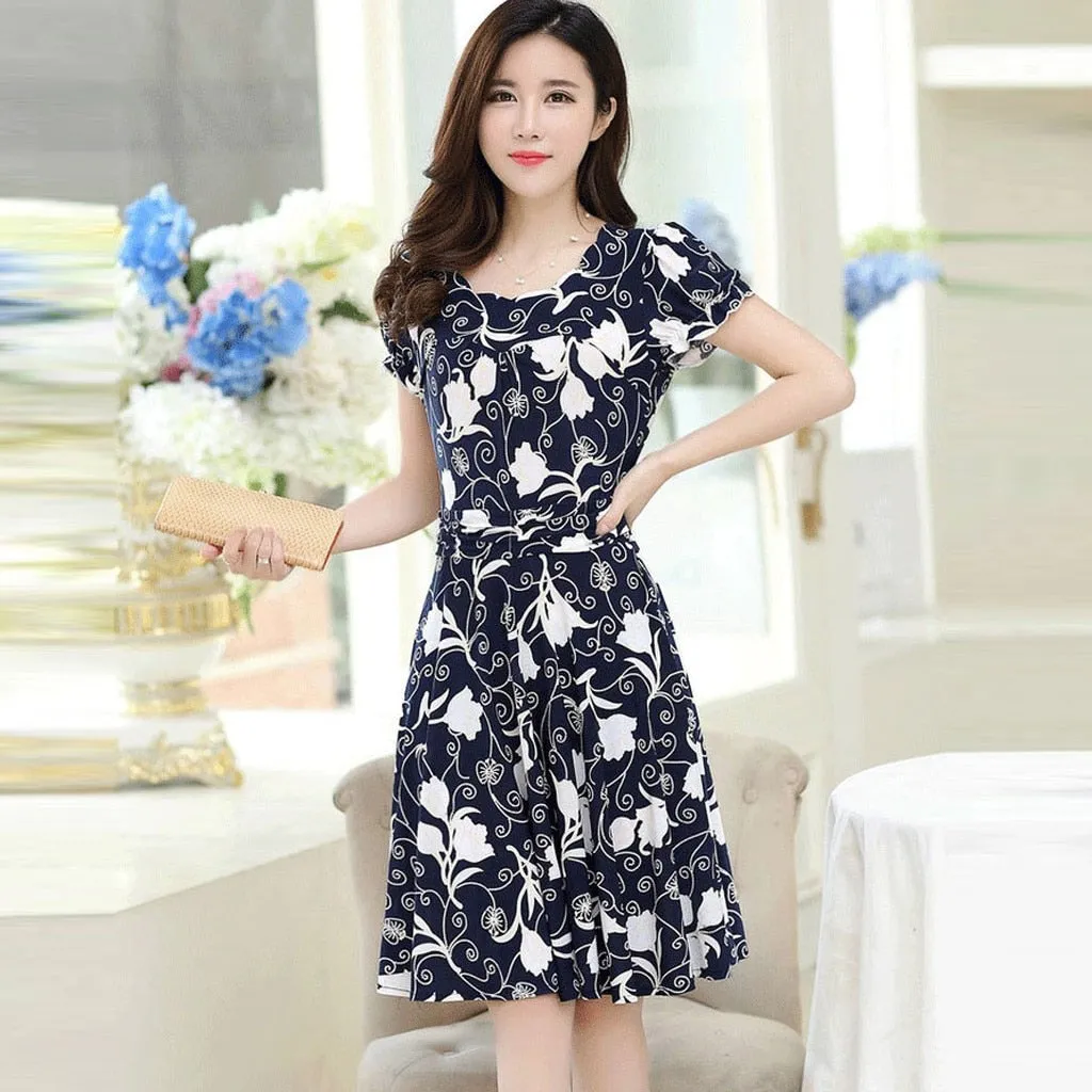 Women  Fashion Elegant Dresses O-neck Knee Length Short Sleeve Printed Dress - WD8006
