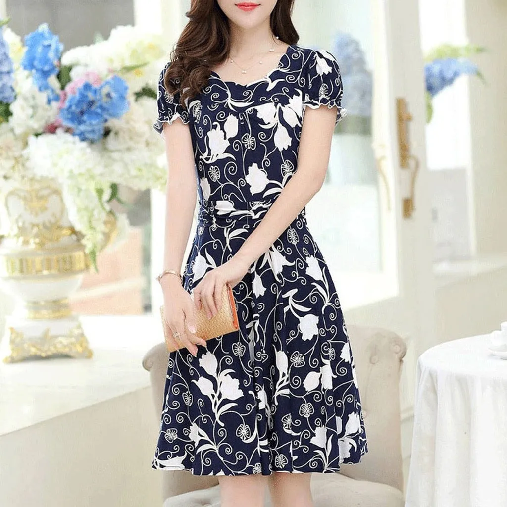 Women  Fashion Elegant Dresses O-neck Knee Length Short Sleeve Printed Dress - WD8006