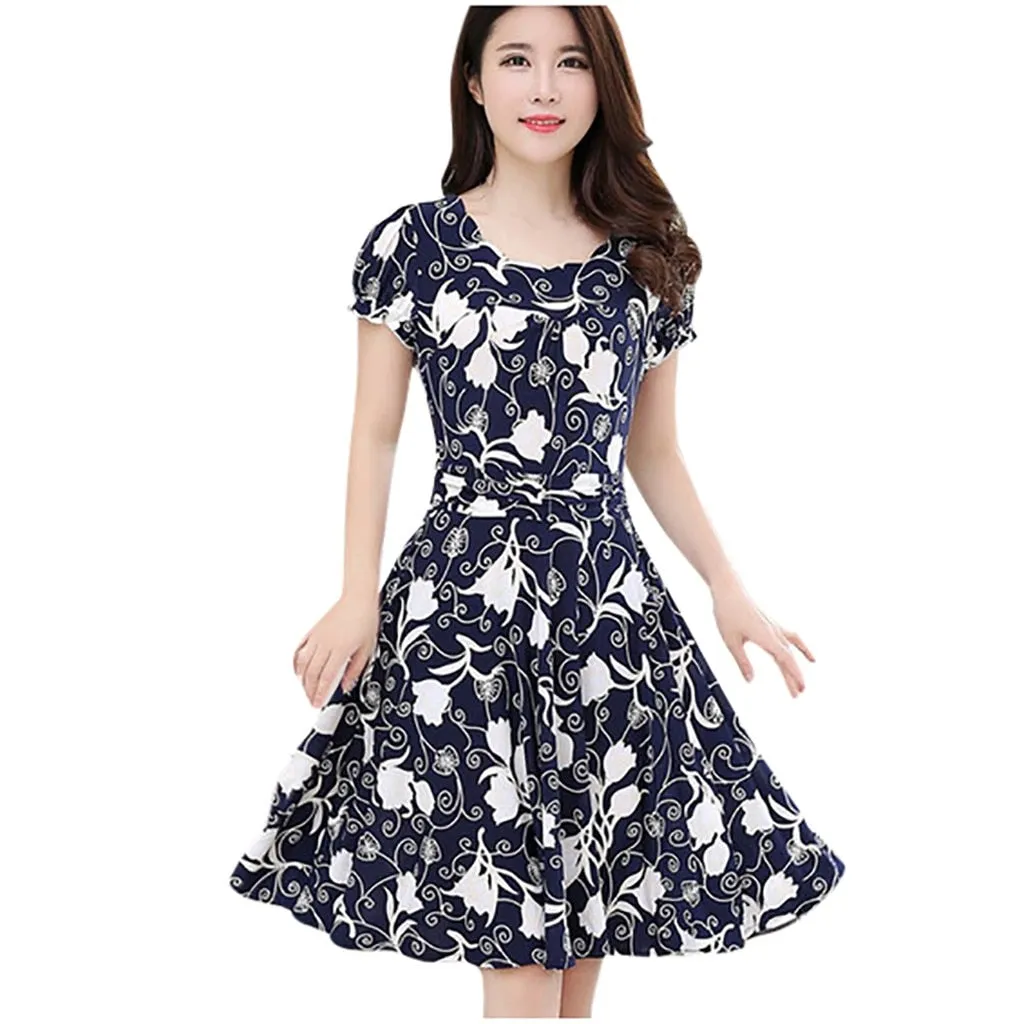 Women  Fashion Elegant Dresses O-neck Knee Length Short Sleeve Printed Dress - WD8006