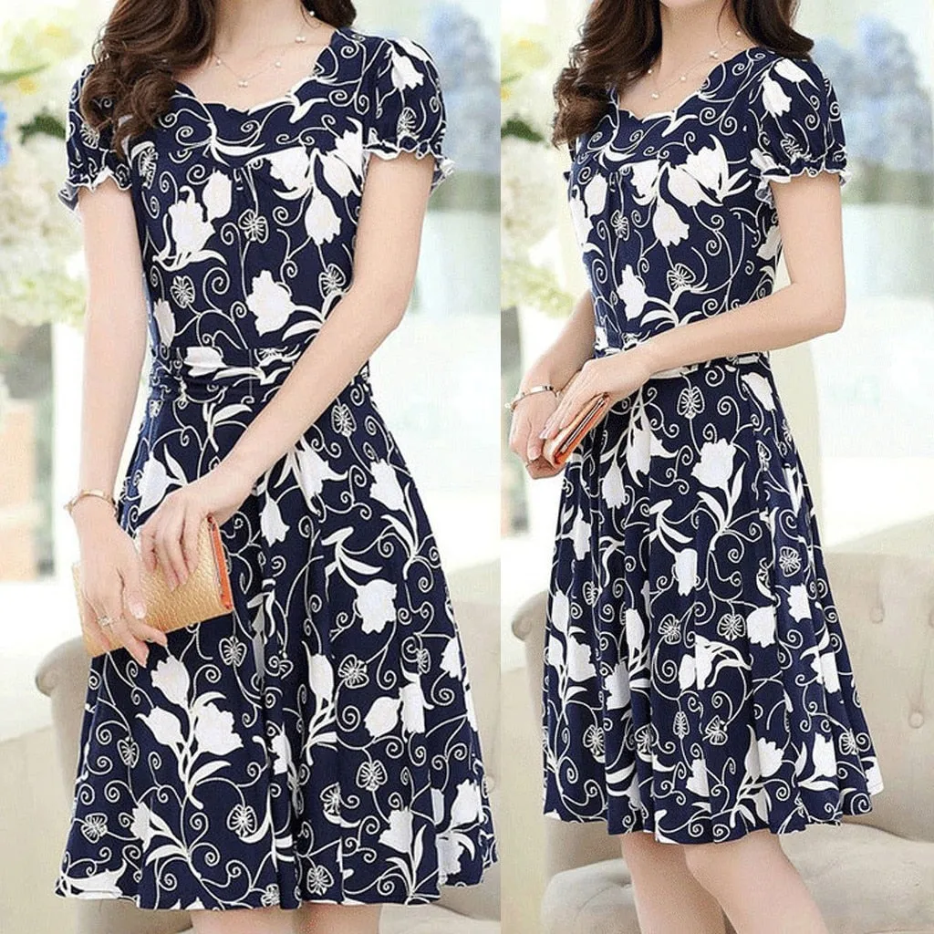 Women  Fashion Elegant Dresses O-neck Knee Length Short Sleeve Printed Dress - WD8006